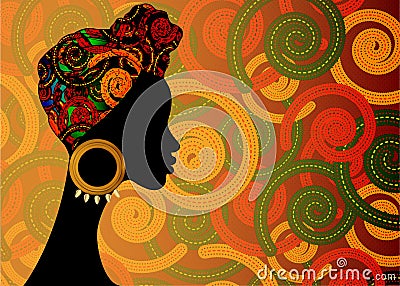 Portrait of the young black woman in a turban. Animation African beauty. Vector color illustration isolated. Traditional Kente Vector Illustration