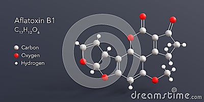 aflatoxin b1 molecule 3d rendering, flat molecular structure with chemical formula and atoms color coding Stock Photo