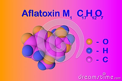 Molecular structure of aflatoxin M1 present in milk and dairy products. Atoms are represented as spheres with color Cartoon Illustration