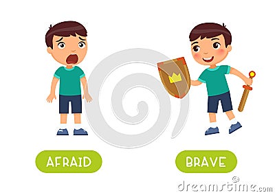 Afraid and brave antonyms word card vector template. Flashcard for english language learning. Vector Illustration