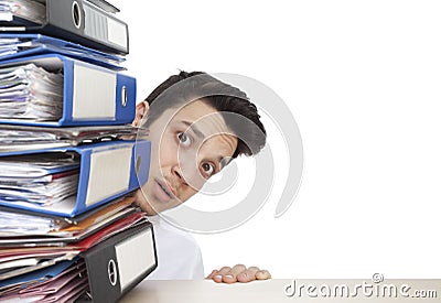 Afraid businessman with folders Stock Photo