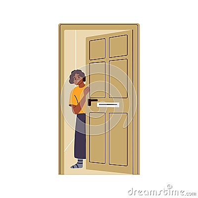 Afraid kid opening unlocking house door. Cautious scared anxious child in fear, fright, standing at home, looking Vector Illustration