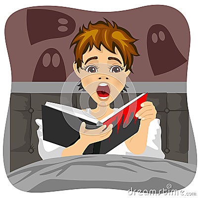 Afraid little boy reading book indoors. Shadow of ghost is on wall Vector Illustration