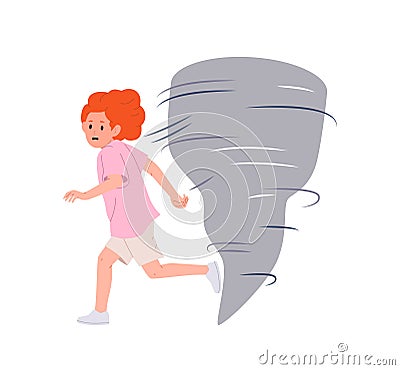 Afraid little girl child cartoon character running away from approaching tornado natural disaster Vector Illustration