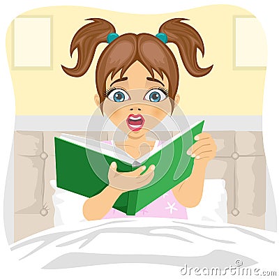 Afraid little girl reading book indoors in bedroom Vector Illustration