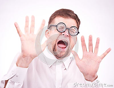 Afraid man in glasses Stock Photo