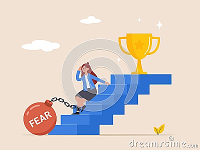 Afraid of progress forward concept. Depressed businesswoman sitting on stairway to success goal. Fear of failure Vector Illustration