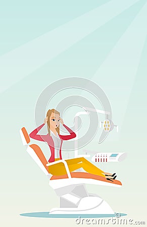 Afraid woman sitting in the dental chair. Vector Illustration