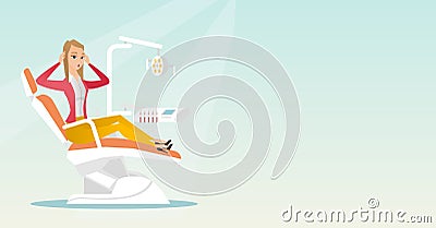 Afraid woman sitting in the dental chair. Vector Illustration