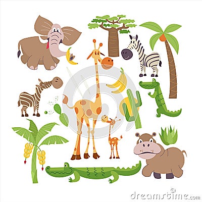 Africa. African animals and plants. Set of vector illustrations in cartoon style. Vector Illustration