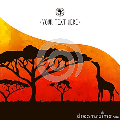 Africa card acacia tree and giraffe silhouette Vector Illustration