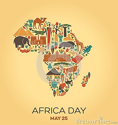 Africa Day on 25 May Illustration with symbols of African culture and nature Vector Illustration