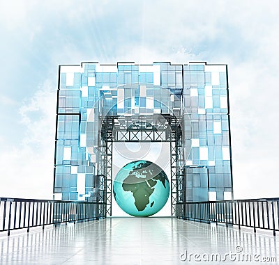 Africa earth globe under grand entrance gateway building Cartoon Illustration