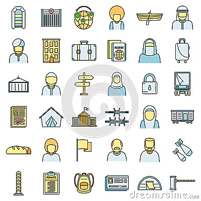 Africa illegal immigrants icons set vector color line Vector Illustration