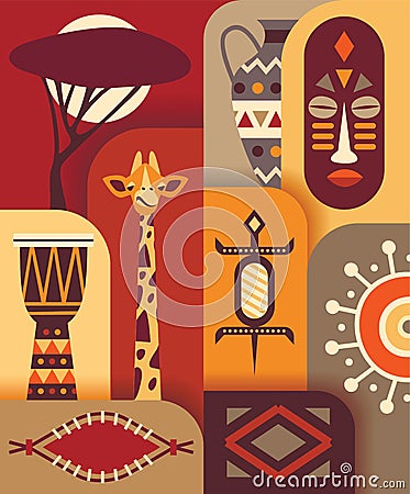Africa jungle ethnic culture travel icons set. Vector flat illustration. Vector Illustration