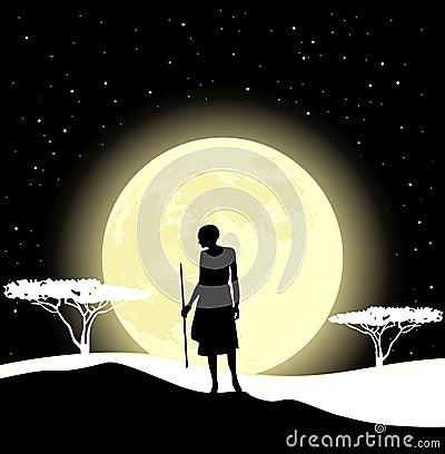 Africa landscape background. Hunter silhouette, trees and moon Vector Illustration