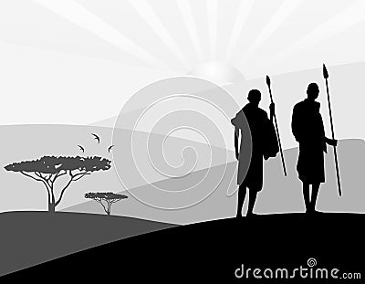 Africa landscape background. Hunters silhouette, trees and sun Vector Illustration