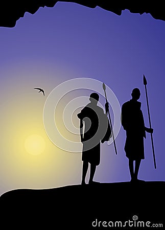 Africa landscape background. Hunters silhouettes and moon rise Vector Illustration