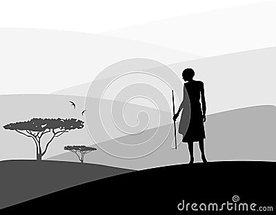 Africa landscape background. Hunter silhouette, trees and birds Vector Illustration