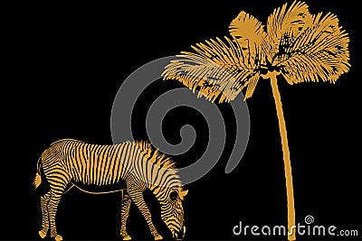 Africa landscape with zebra silhouettes and palm tree Vector Illustration