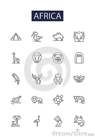 Africa line vector icons and signs. continent, nations, savanna, deserts, wildlife, cultures, safari, jungles outline Vector Illustration