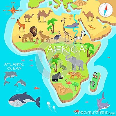 Africa Mainland Cartoon Map with Fauna Species Vector Illustration