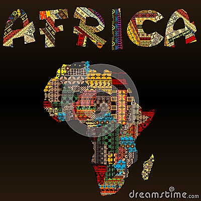 Africa map with African typography made of patchwork fabric text Stock Photo