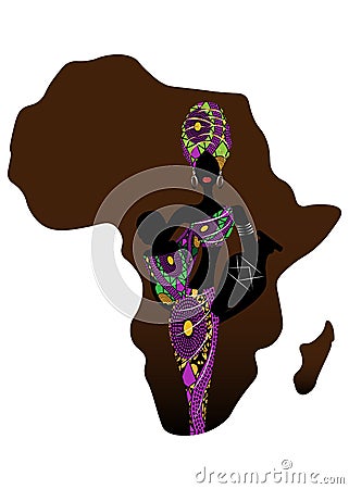 Africa maternity icon, population growth rate. A young Afro mother carrying baby being. Silhouette of a beautiful African woman Vector Illustration