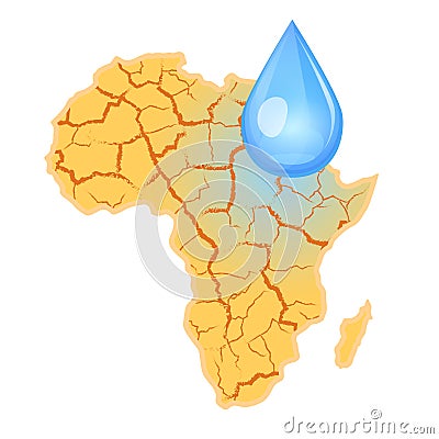 Africa needs water. Water scarcity concept. Drought in Africa and a drop of water. Vector illustration, isolated, white background Cartoon Illustration