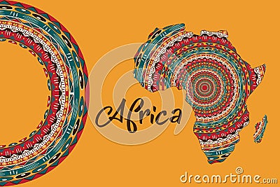 Africa patterned map. Banner with tribal traditional grunge African pattern, elements, concept design. Vector isolated on orange Vector Illustration