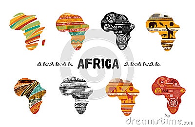 Africa patterned map, collection of logo design. Banner with tribal traditional grunge pattern, elements, concept design Vector Illustration