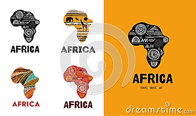 Africa patterned map, logo design. Banner with tribal traditional grunge pattern, elements, concept design Vector Illustration