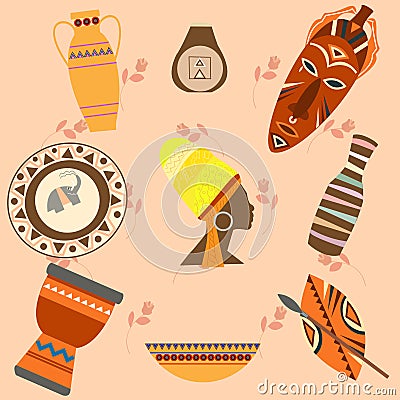 Africa Safari set vector icons. Ritual objects Vector Illustration