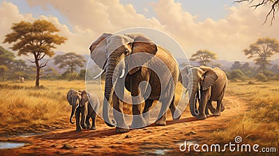 africa savannah elephant herd Cartoon Illustration