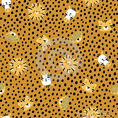 Africa Seamless pattern with cute animals faces. Childish print for nursery in a Scandinavian style. For baby clothes, interior, Cartoon Illustration