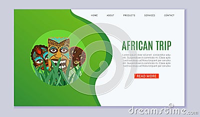 Africa trip and travel vector web template. Illustration of african and voodoo masks. Ritual african ethno symbols Vector Illustration