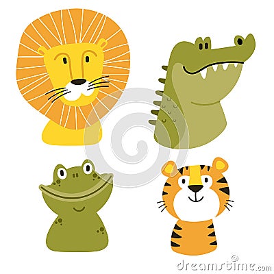 Africa vector set. Safari collection with alligator, frog, lion, toucan, rhino. Vector Illustration