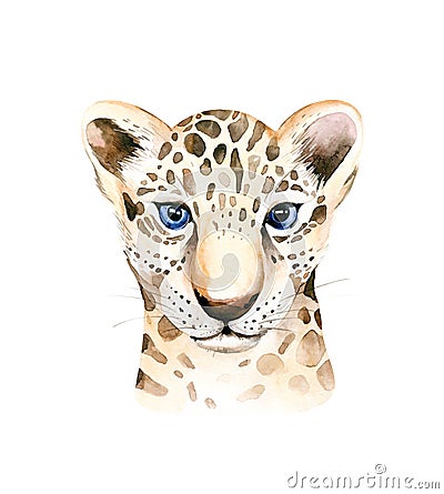 Africa watercolor savanna leopard, animal illustration. African Safari wild cat cute exotic animals face portrait Cartoon Illustration