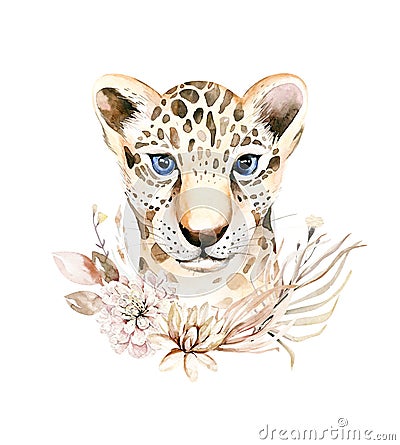 Africa watercolor savanna leopard, animal illustration. African Safari wild cat cute exotic animals face portrait Cartoon Illustration