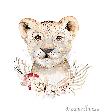 Africa watercolor savanna lion, animal illustration. African Safari wild cat cute exotic animals face portrait character Cartoon Illustration