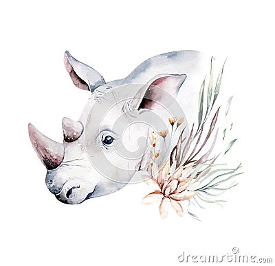 Africa watercolor savanna rhino animal. African Safari cute animals portrait character.Perfect for wallpaper print Stock Photo