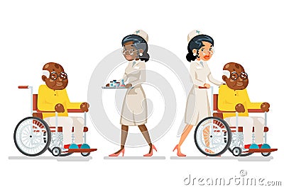 African afro american european doctor attendant nurse elderly carries medicine caring wheelchair old man character sit Vector Illustration