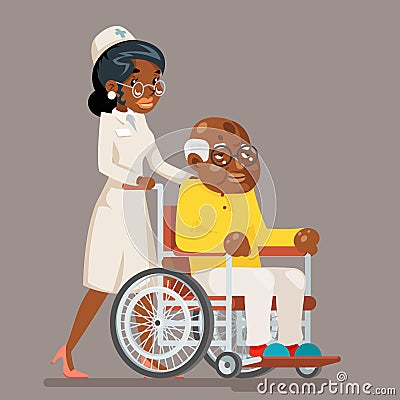 African american afro european doctor attendant nurse elderly caring wheelchair old man character sit adult cartoon Vector Illustration