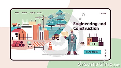 African american architect in helmet holding blueprints construction of buildings concept Vector Illustration