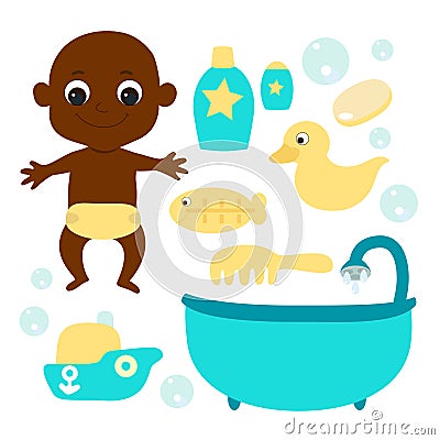 African American or African baby or newborn baby in a diaper and a set of items for bathing: comb, shampoo, water thermometer, Vector Illustration