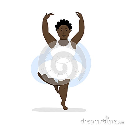 African American ballerina. Dancing woman plus size. Isolated cartoon character in dynamic. Black skin human dancing Vector Illustration