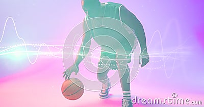 African american basketball player dribbling ball by illuminated wave patterned lines Cartoon Illustration