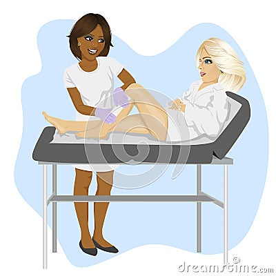 African american beautician waxing young blonde woman legs lying on spa bed Vector Illustration
