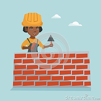 Young african bricklayer building a brick wall. Vector Illustration