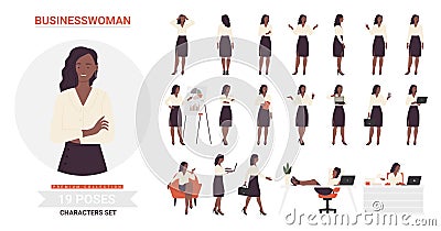 African american black businesswoman character poses infographic set Vector Illustration